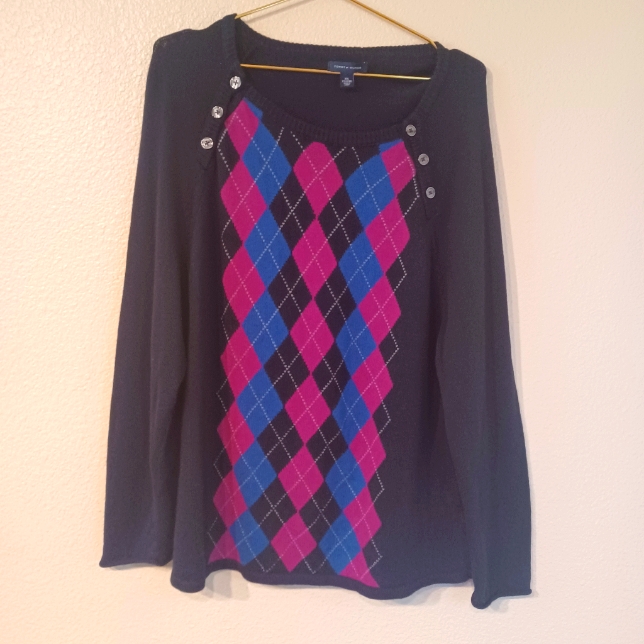 Vtg Tommy Hilfiger Women 2xl Black Knit Argyle Crewneck Sweater Side Button Up